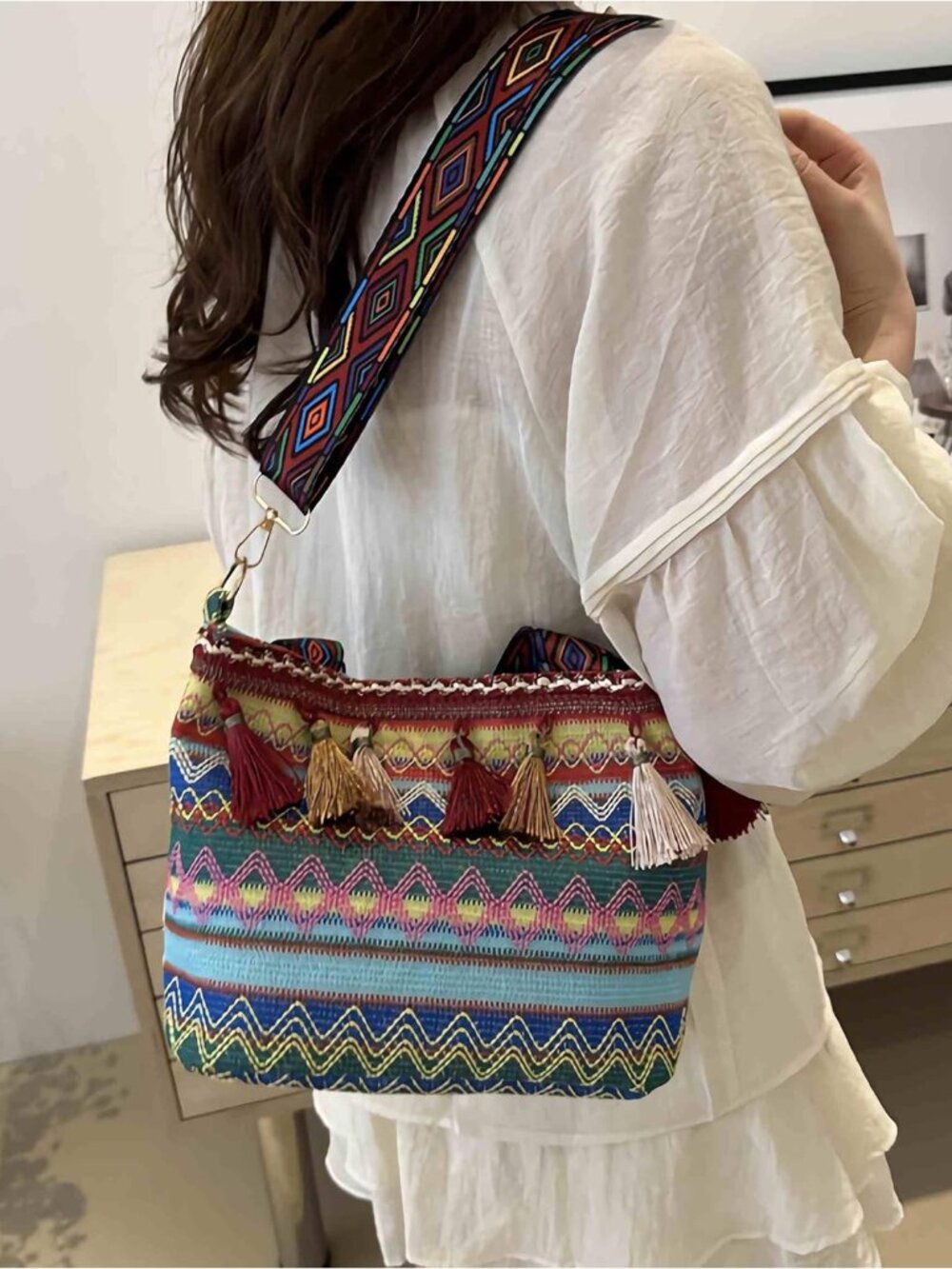 boho western crossbody bags for women, boho hippie handbag tote bag, fringe colo - Picture 8 of 8